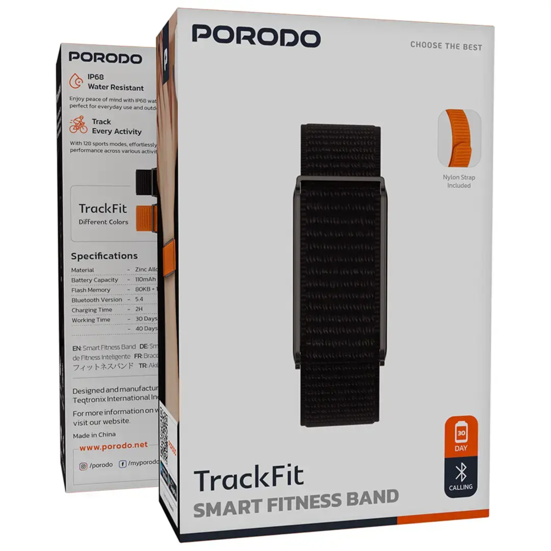 Porodo Track Fit Smart Fitness Band, Ip68 Water Resistant, Long Life 30-days Battery, Heart Rate Track, Blood Oxygen, 128 Sports Modes, Stress Monitor, Weather Forecast, (Orange Nylon Strap Included) Black