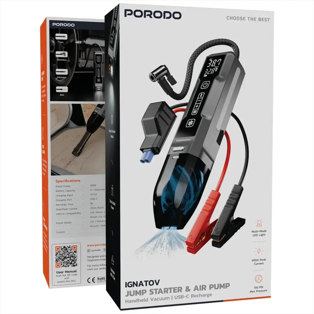 Porodo Ignatov Jump Starter & Air Pump with Handheld Vacuum & USB-C Recharge