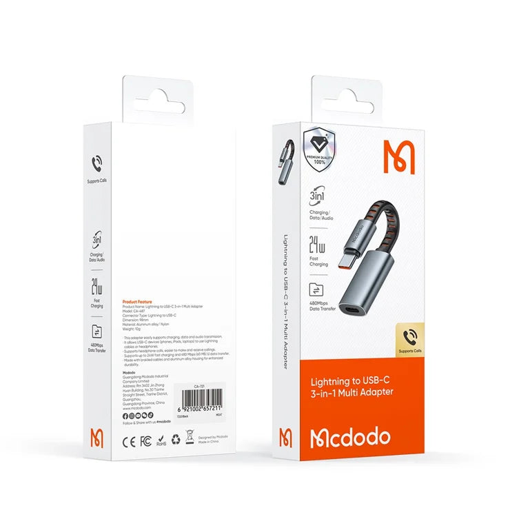 Mcdodo CA-4870 Lightning to USB-C 3 in 1 Multi Adapter High Speed Data Transfer