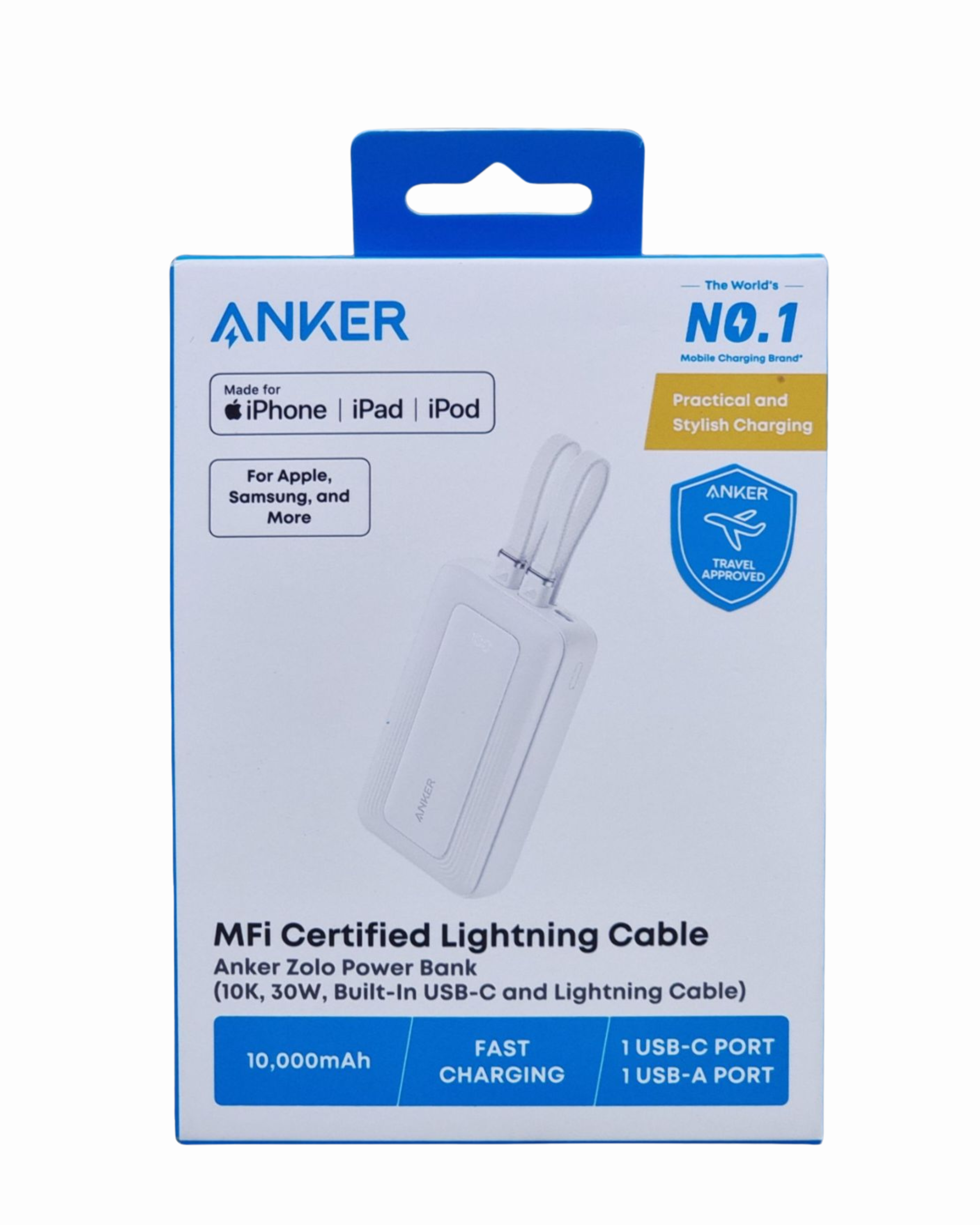 Anker Zolo Power Bank MFi Certified Lightning Cable (10K, 30W Built-in USB-C Cable and Lightning Cable) - A1680H21