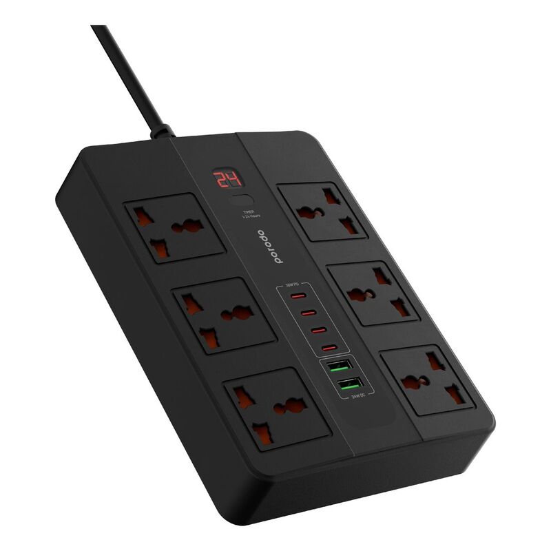 Porodo 6 AC 2 USB-A 24W & 4 USB-C PD 36W Multi-Port Super Hub 2M 3000W UK - Black