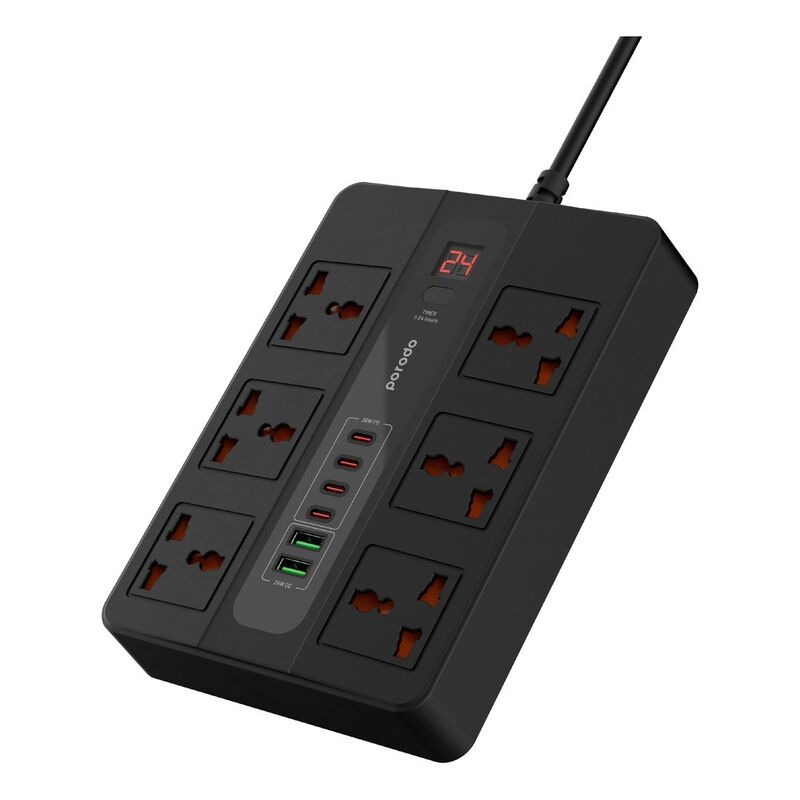 Porodo 6 AC 2 USB-A 24W & 4 USB-C PD 36W Multi-Port Super Hub 2M 3000W UK - Black