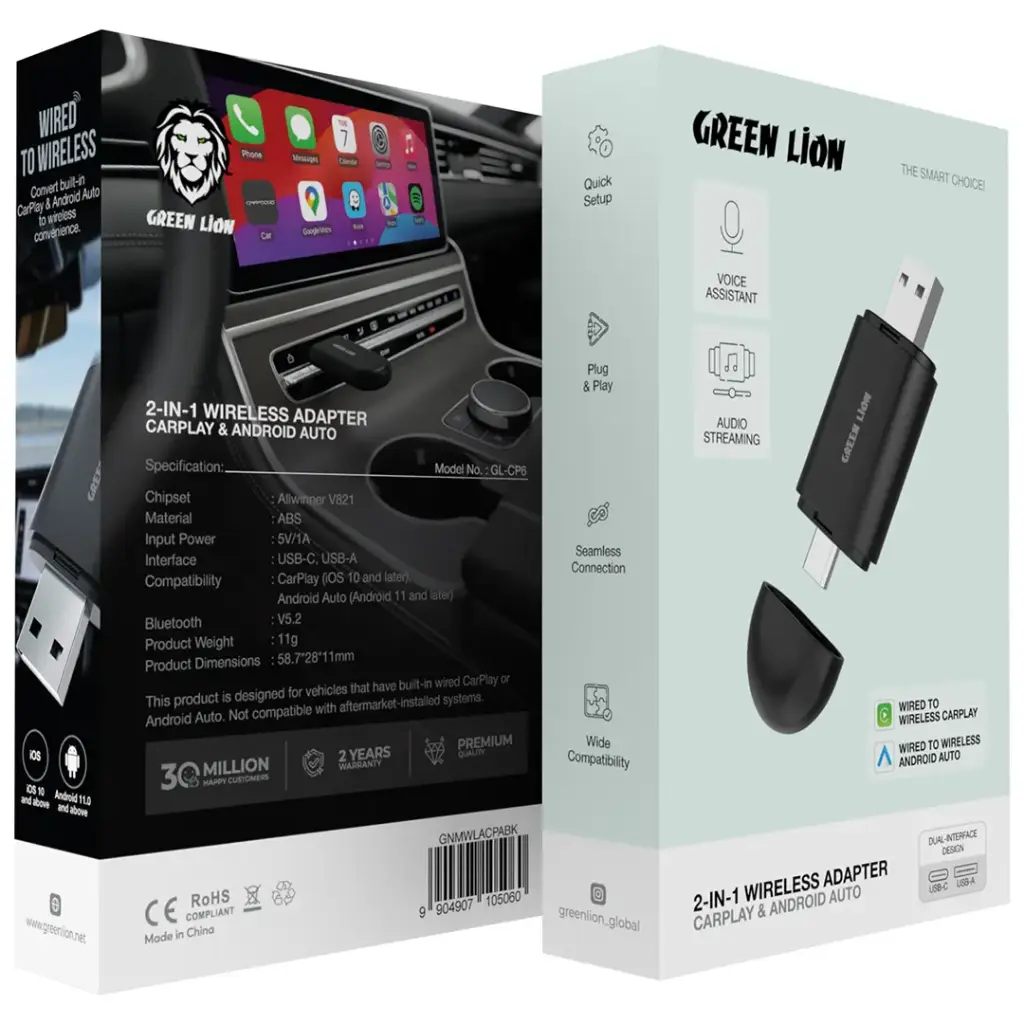 Green Lion 2-In-1 Wireless Adapter CarPlay & Android Auto - Black