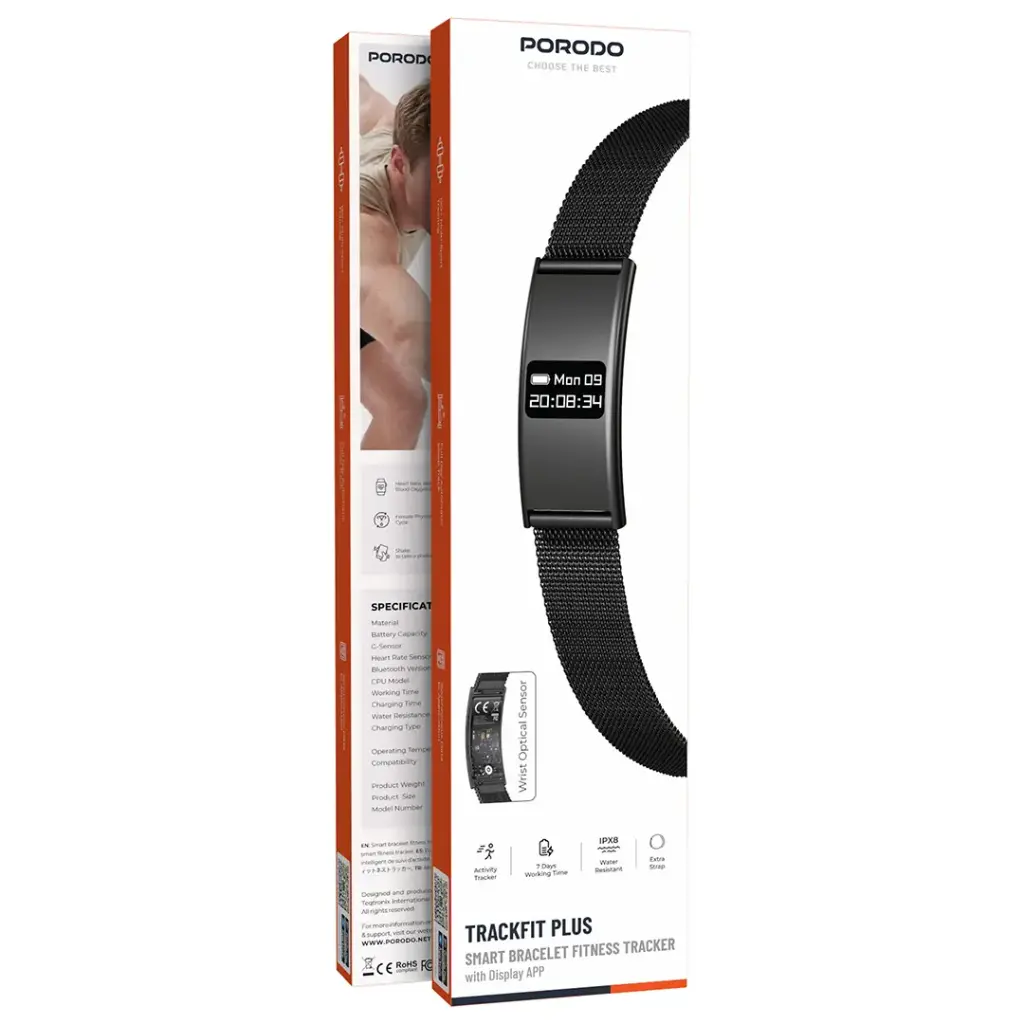 Porodo Trackfit Plus Smart Bracelet Fitness Tracker With Display App - Black