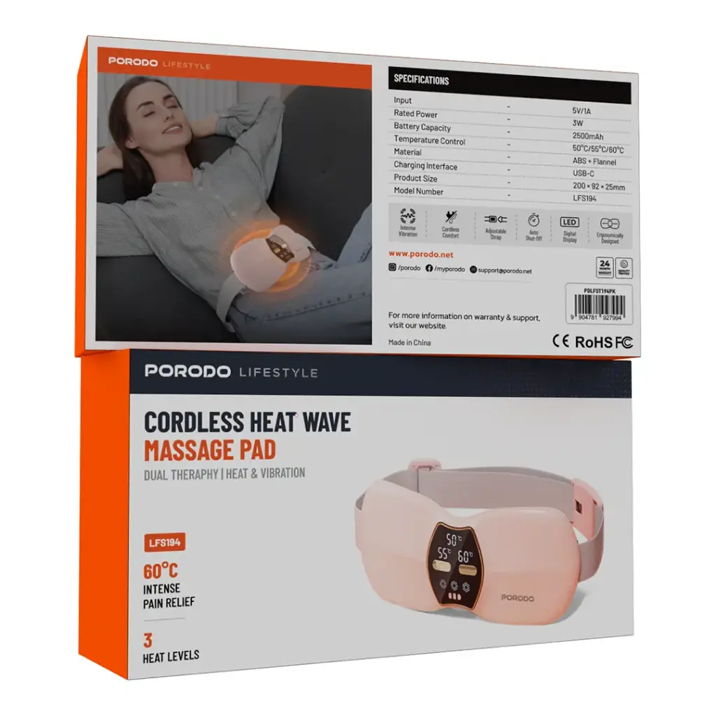 Porodo Lifestyle Cordless Heat Wave Massage Pad - Pink