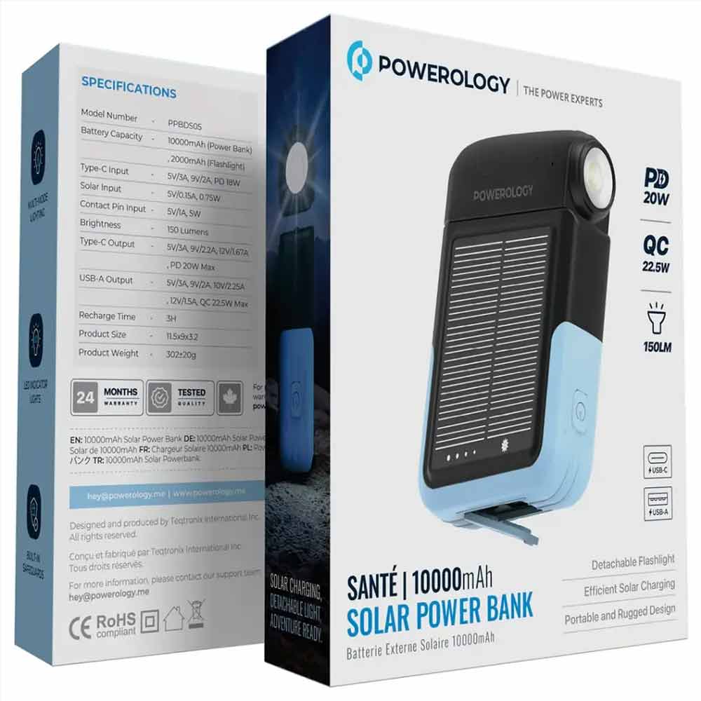 Powerology Sante 10000mAh Solar Power Bank with Detachable Flashlight Black