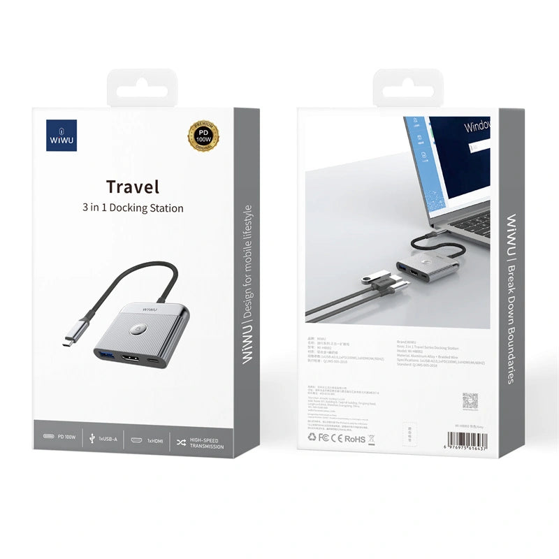 wiwu Travel 3 in 1 Docking Station Wi-HB002-GREY