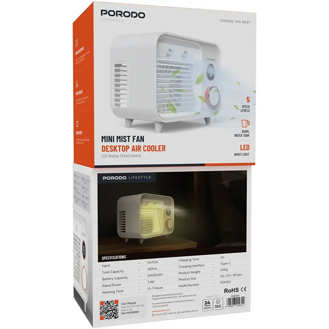 Porodo Lifestyle Mini Mist Fan Desktop Air Cooler White