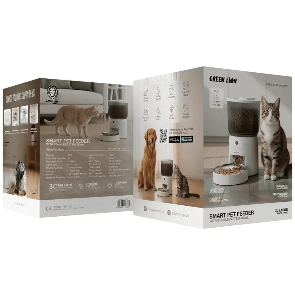 Green Lion Smart Pet Feeder with Stainless Steel Bowl - White