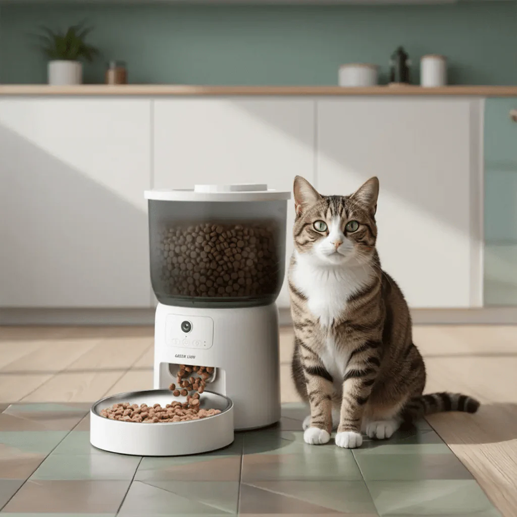Green Lion Smart Pet Feeder with Stainless Steel Bowl - White