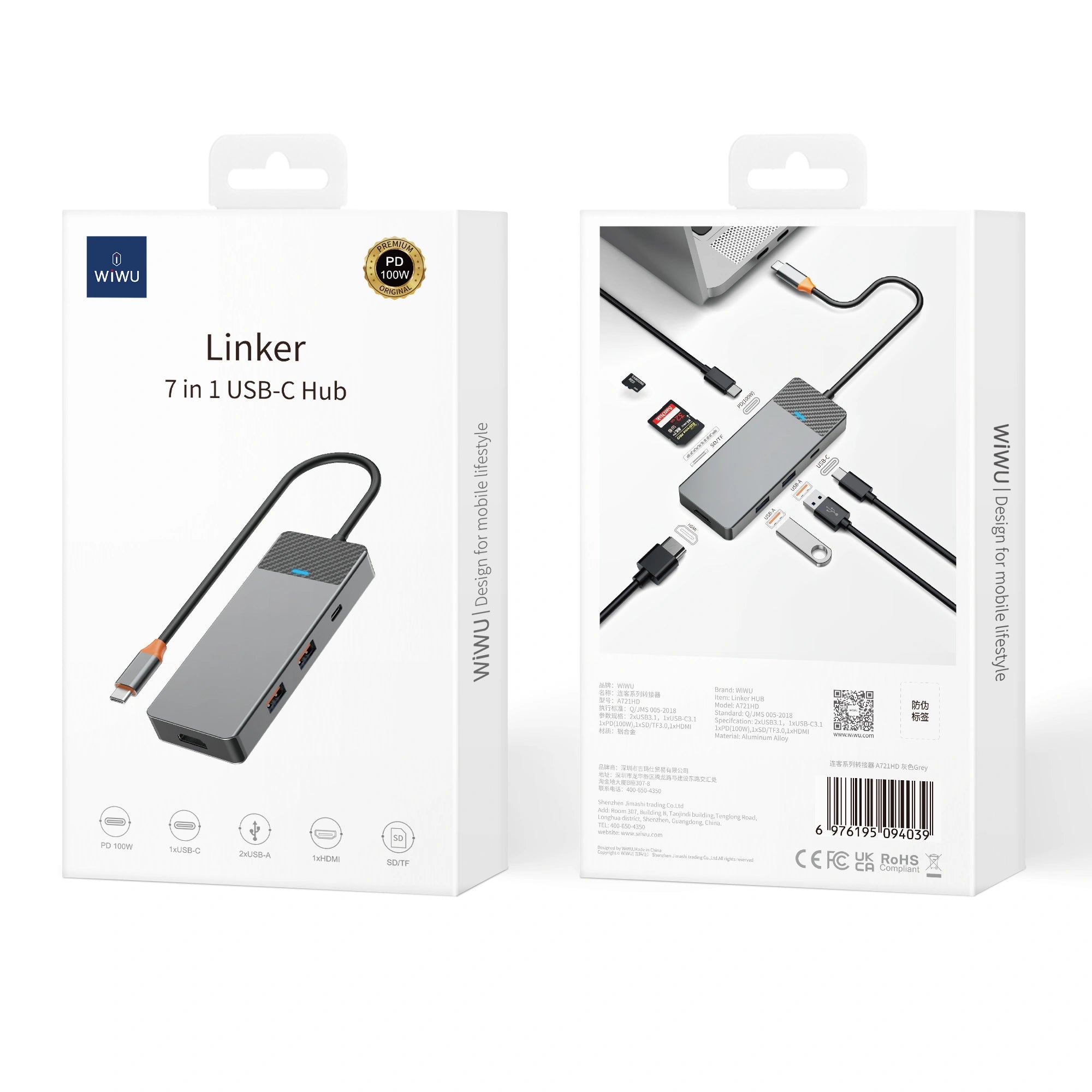 wiwu Linker 7 in 1 USB-C Hub A721HD -GRAY